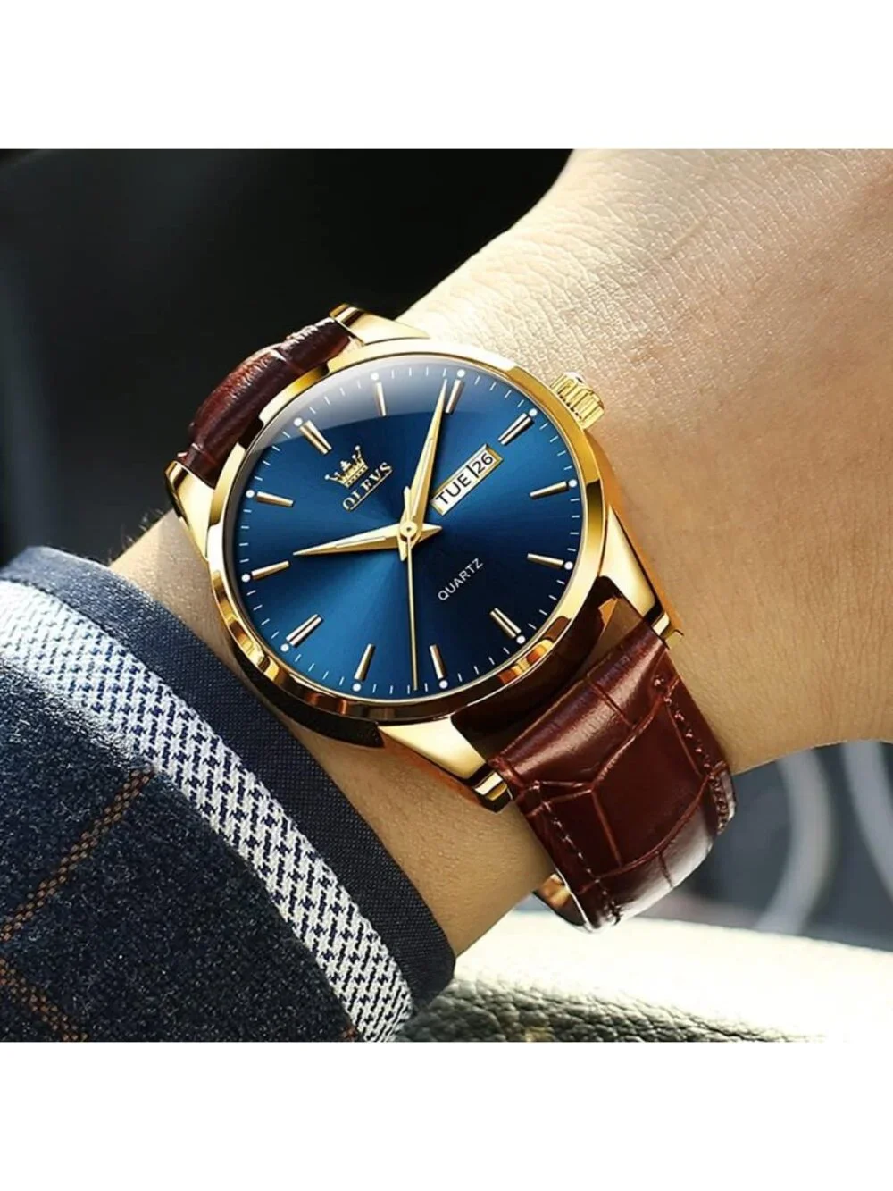 Men's Brown Strap Blue Dial Leather Band Quartz Waterproof Date Wrist Watch